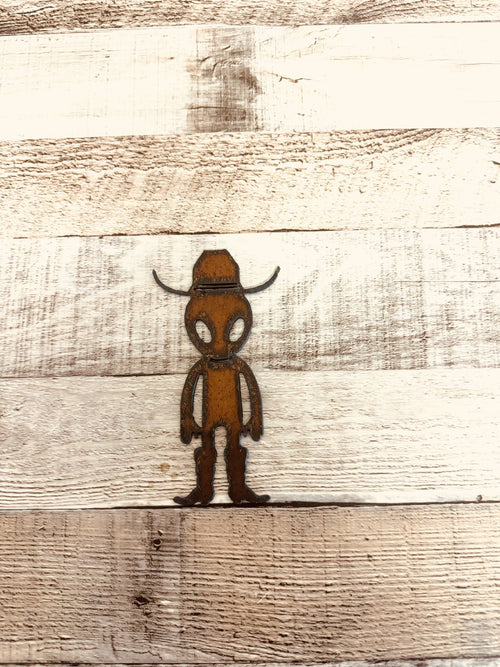 Alien Cowboy Rustic Metal Magnet