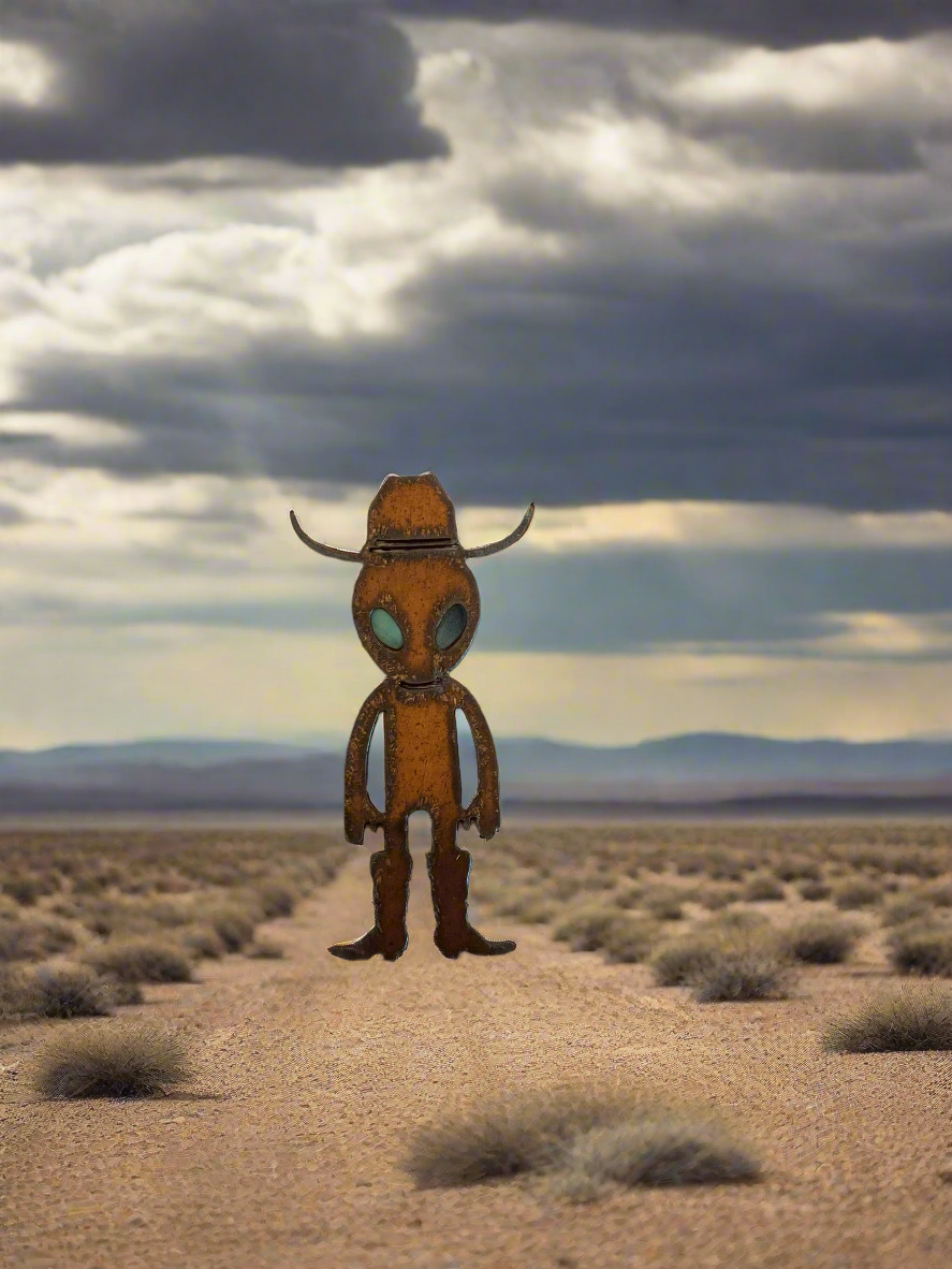 Alien Cowboy Rustic Metal Magnet